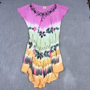 Exotic One Size Pink Tie Dye Floral Hand Painted Embroidered Tunic Dress Boho